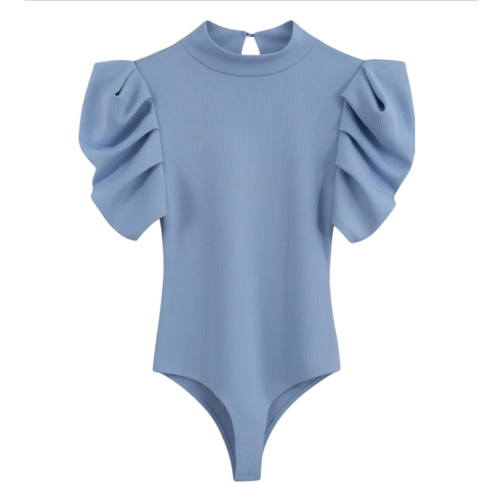 TCEC Ribbed Knit BLUE BODYSUIT TOP Pleated Puff Sleeves HIGH NECK So Cute! SZ M